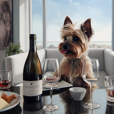 AI-generated Caná Wine Shop campaign image of a small dog seated at a dining table with wine glasses